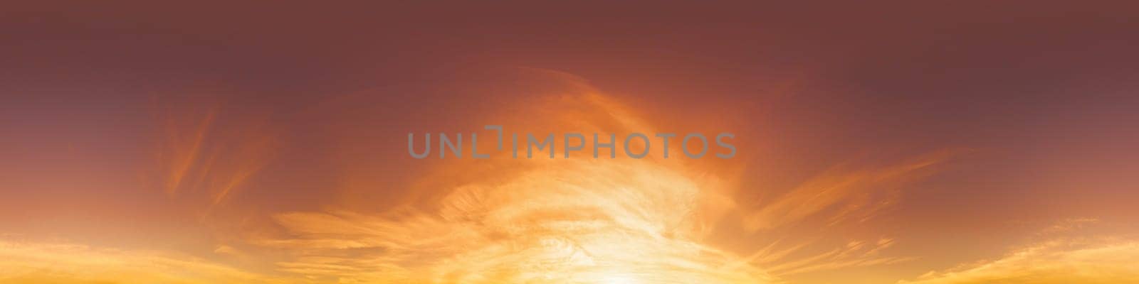 Bright sunset sky panorama with Cirrus clouds. Seamless hdr spherical equirectangular 360 panorama. Sky dome or zenith for 3D visualization, game and sky replacement for aerial drone 360 panoramas.