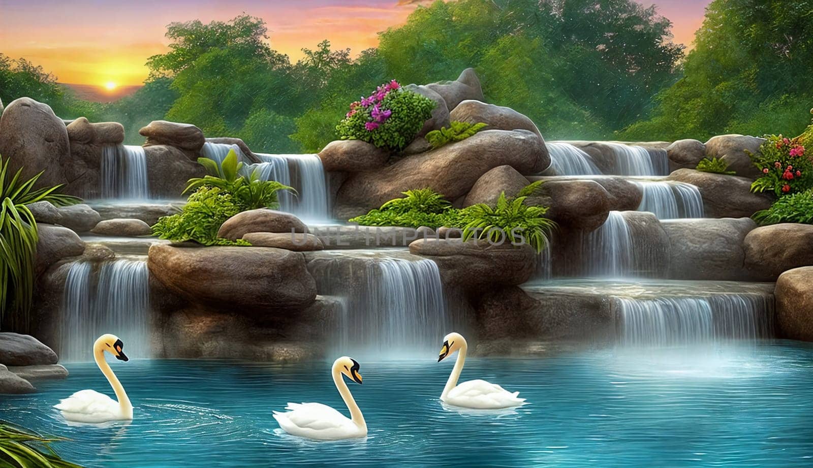 Fantasy landscape with waterfalls, swans on the foreground, panorama. Generative AI