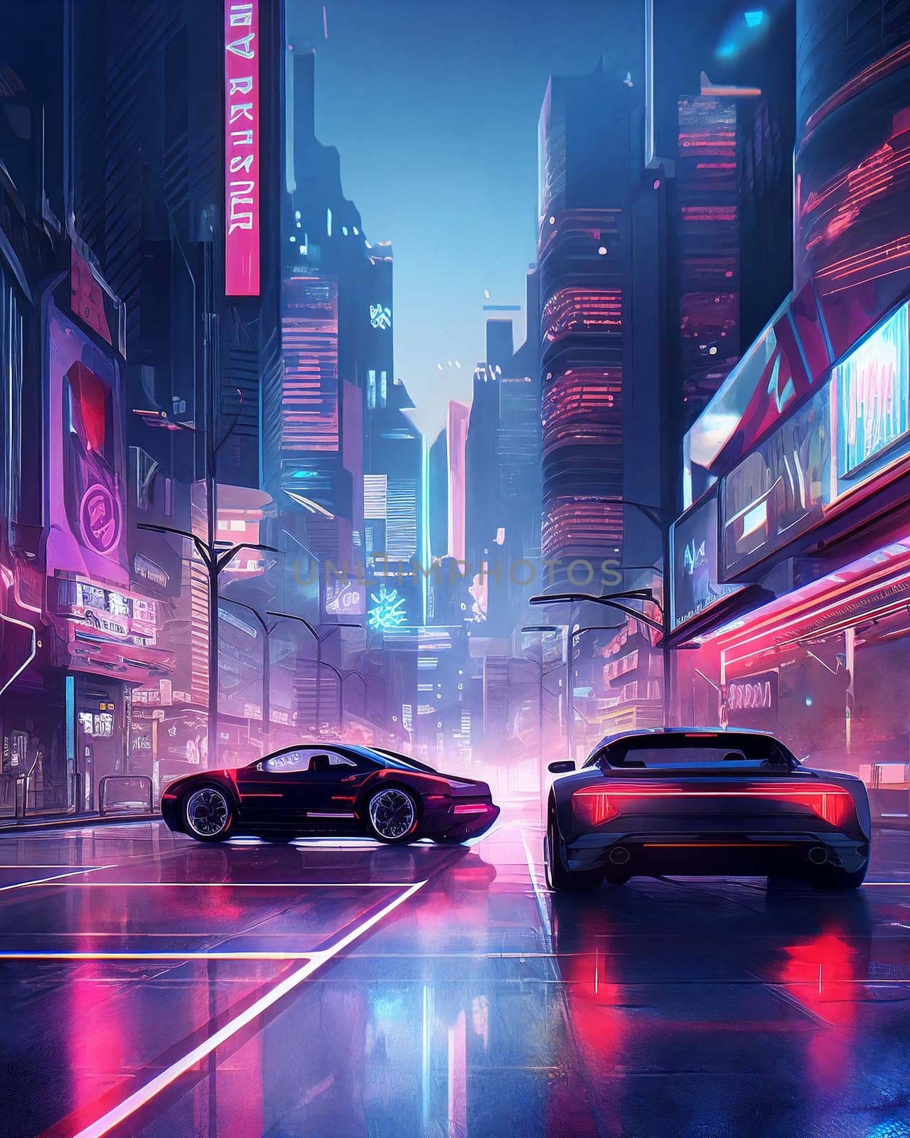 Futuristic cityscape with sleek, metallic buildings and road and cars on foreground. AI Generative