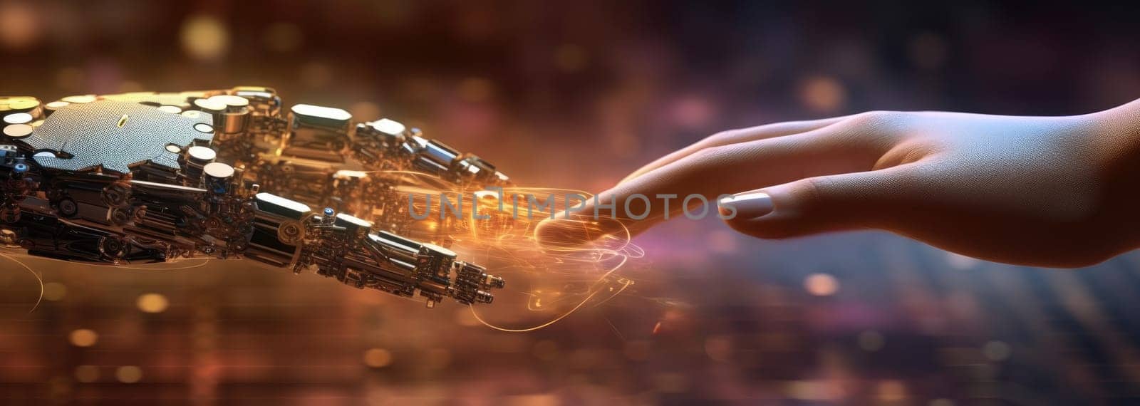 A human hand touches a hand of robot. Bright flash. The concept of technology