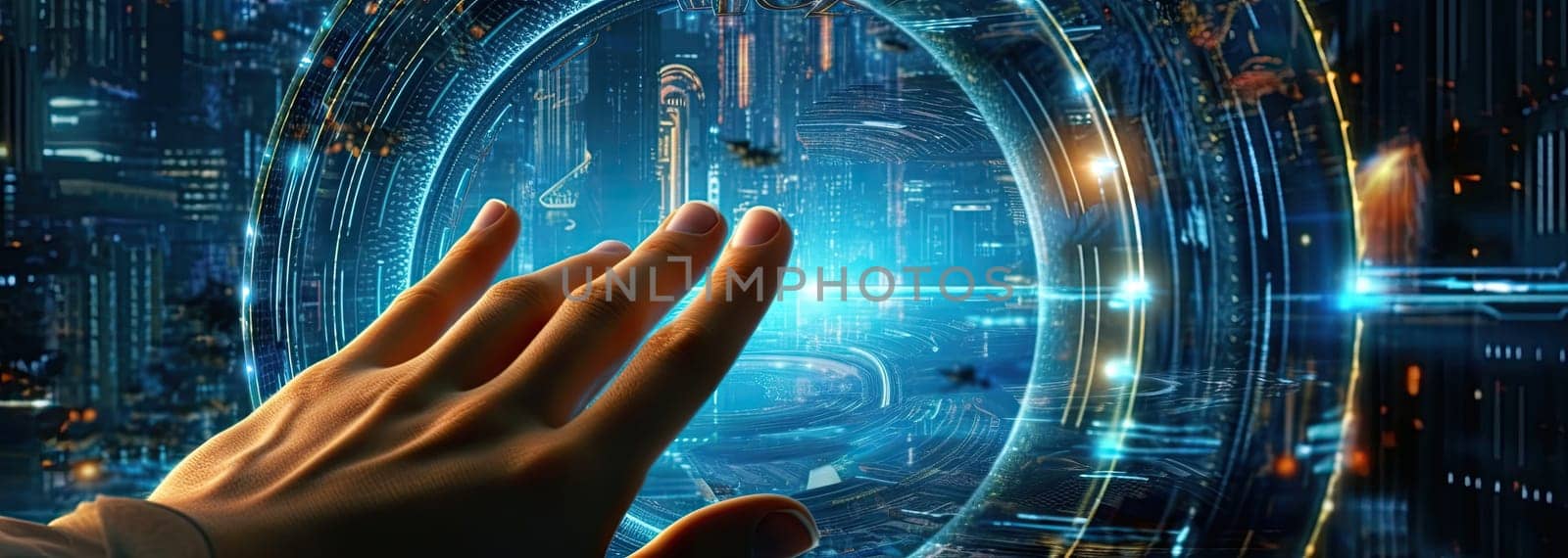 The human hand touches artificial intelligence. The concept of technology