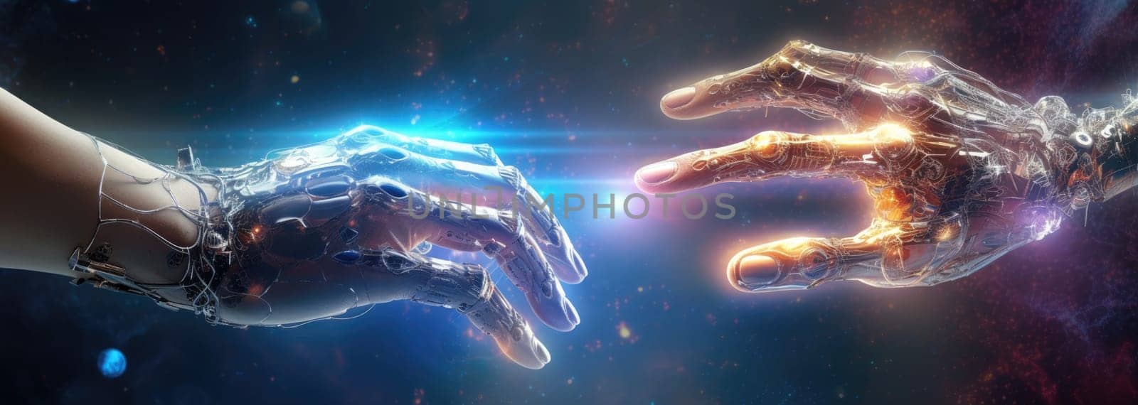 A human hand touches a hand of robot. Bright flash by cherezoff