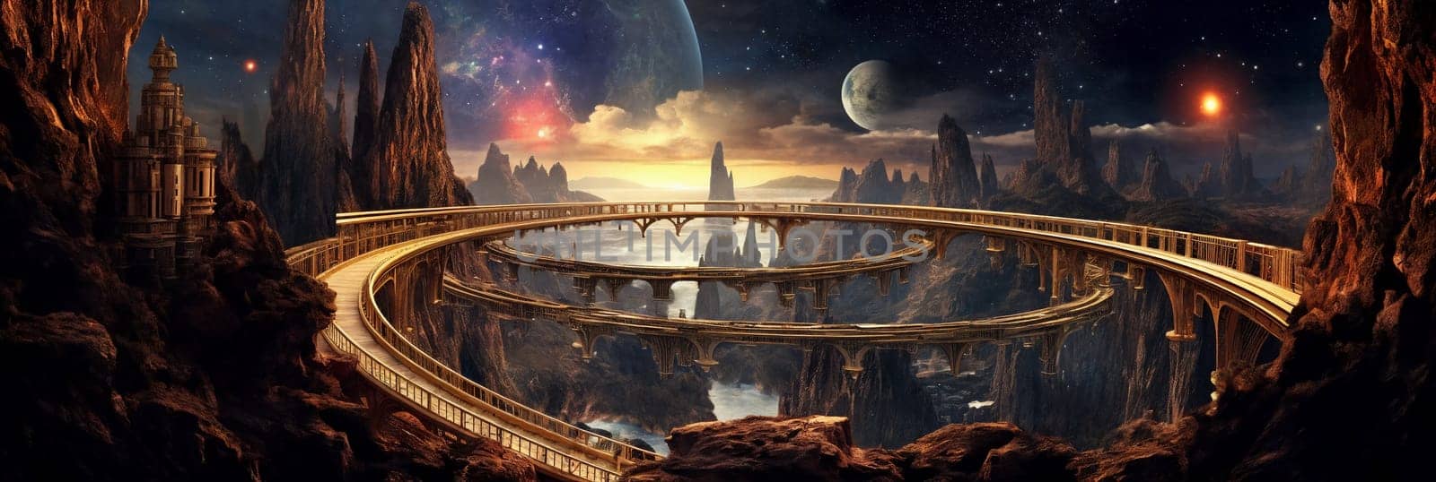 Bridge in the fantasy planet, mountains and night sky with stars and planets on background . AI Generative