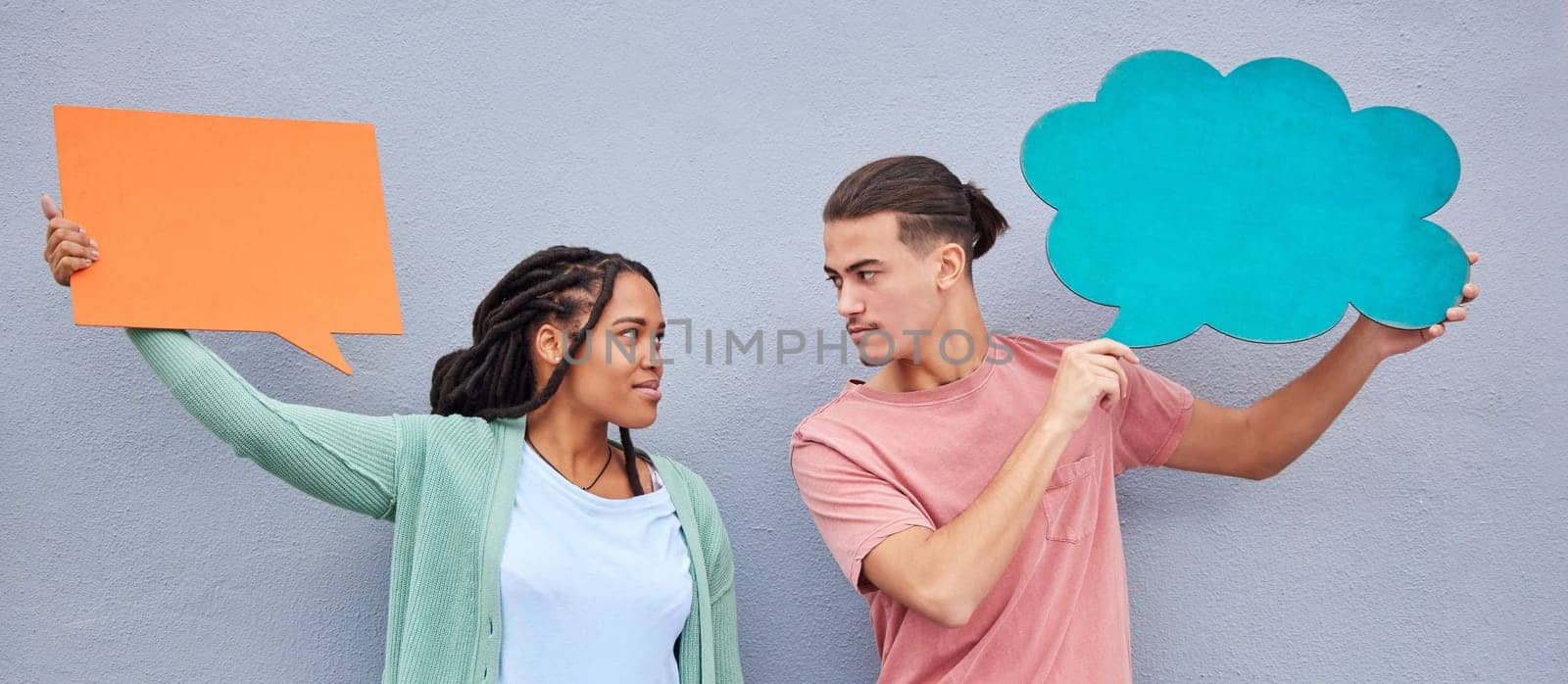 Couple, thinking or speech bubble on isolated background of voice mockup, social media or vote mock up. People, man or black woman on paper poster, marketing billboard or competition feedback review.