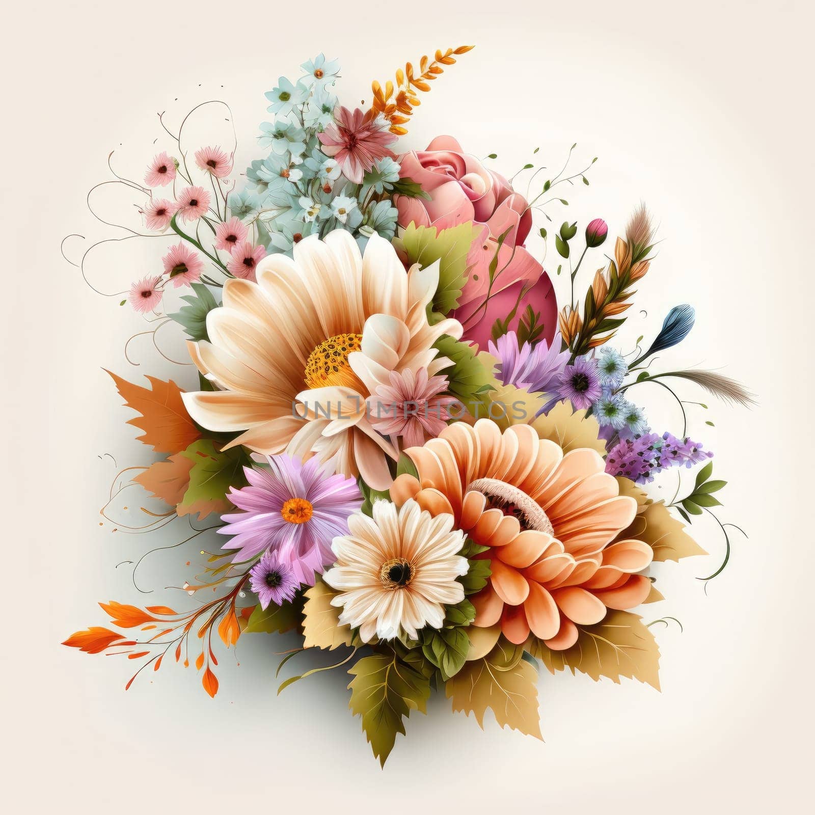 Romantic floral bouquet with pink, yellow flowers and green leaves. AI generative