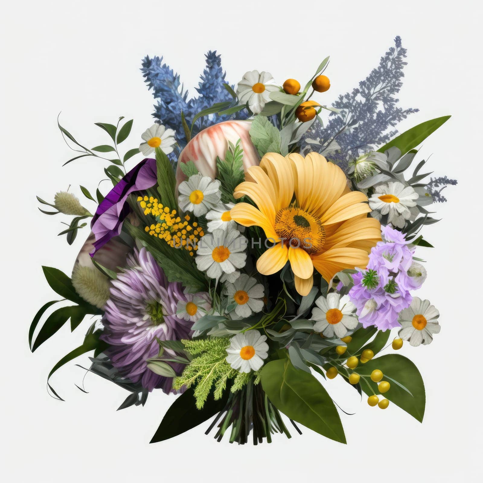 A colorful floral bouquet with pink, purple, and yellow flowers. AI Generative.