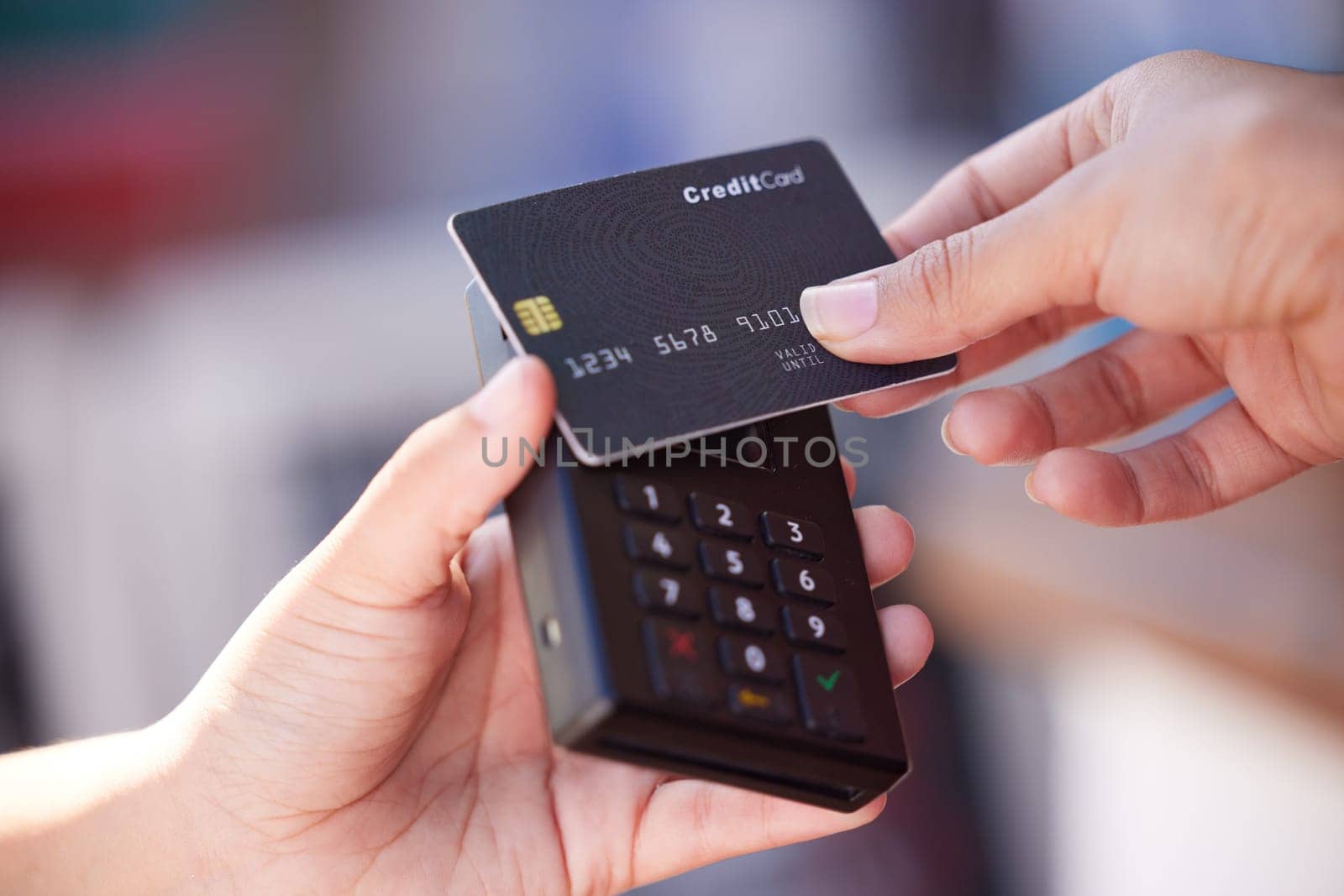 Shopping, hands and payment with nfc credit card for woman customer checkout transaction zoom. Contactless electronic machine purchase tech at store with bank card for digital money transfer