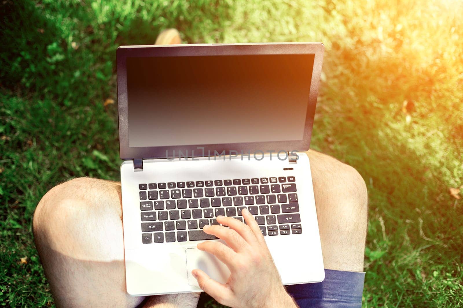 Young blogger sitting on grass and working with laptop. Copy space. Sun flare