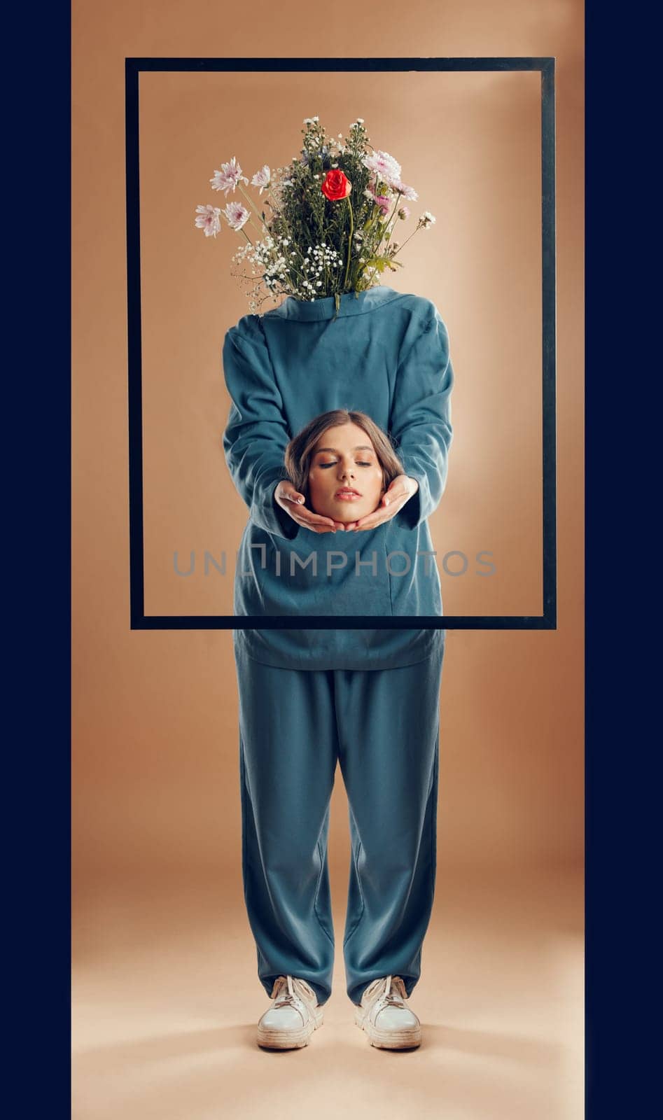 Woman, fashion or abstract art with flowers on studio background, picture frame or manipulation photography. Beauty model, faceless head or plant bouquet in freedom empowerment or creative aesthetic.