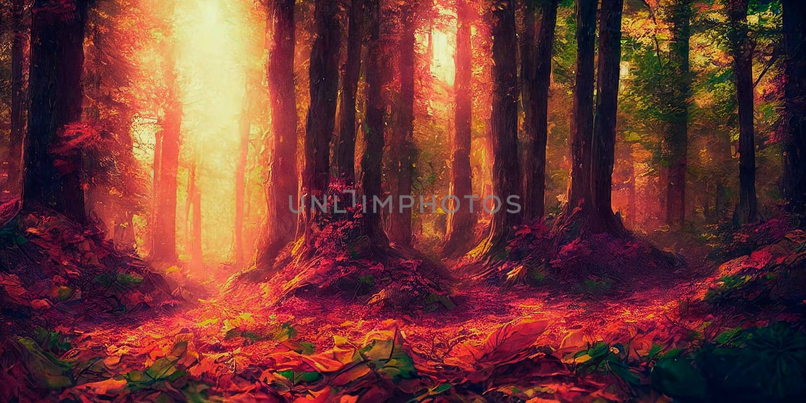 Fantasy fairy forest with colorful leaves at sunset. AI Generative