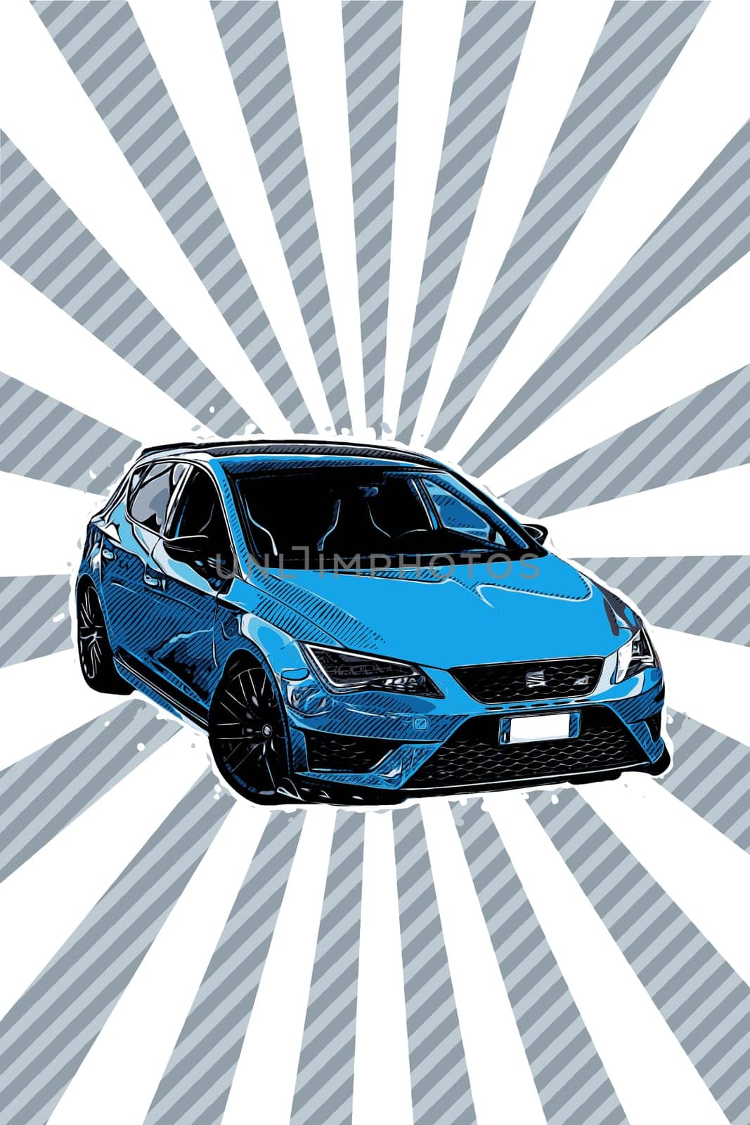Blue modern car, seat, pop art comic style illustration, pattern background