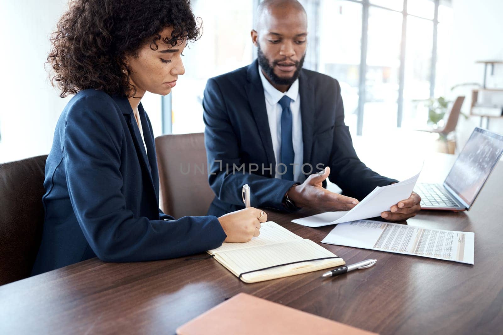 Accounting, paperwork and meeting black people for finance strategy, taxes report or budget review. Accountant, financial advisor or USA business manager with investment planning, advice or loan talk.