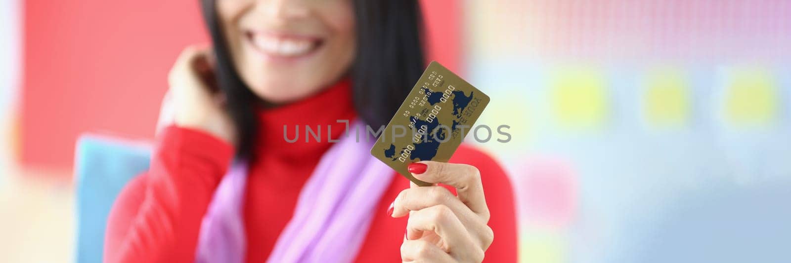 Woman with credit card for shopping in closeup. Shopping discount and sale concept