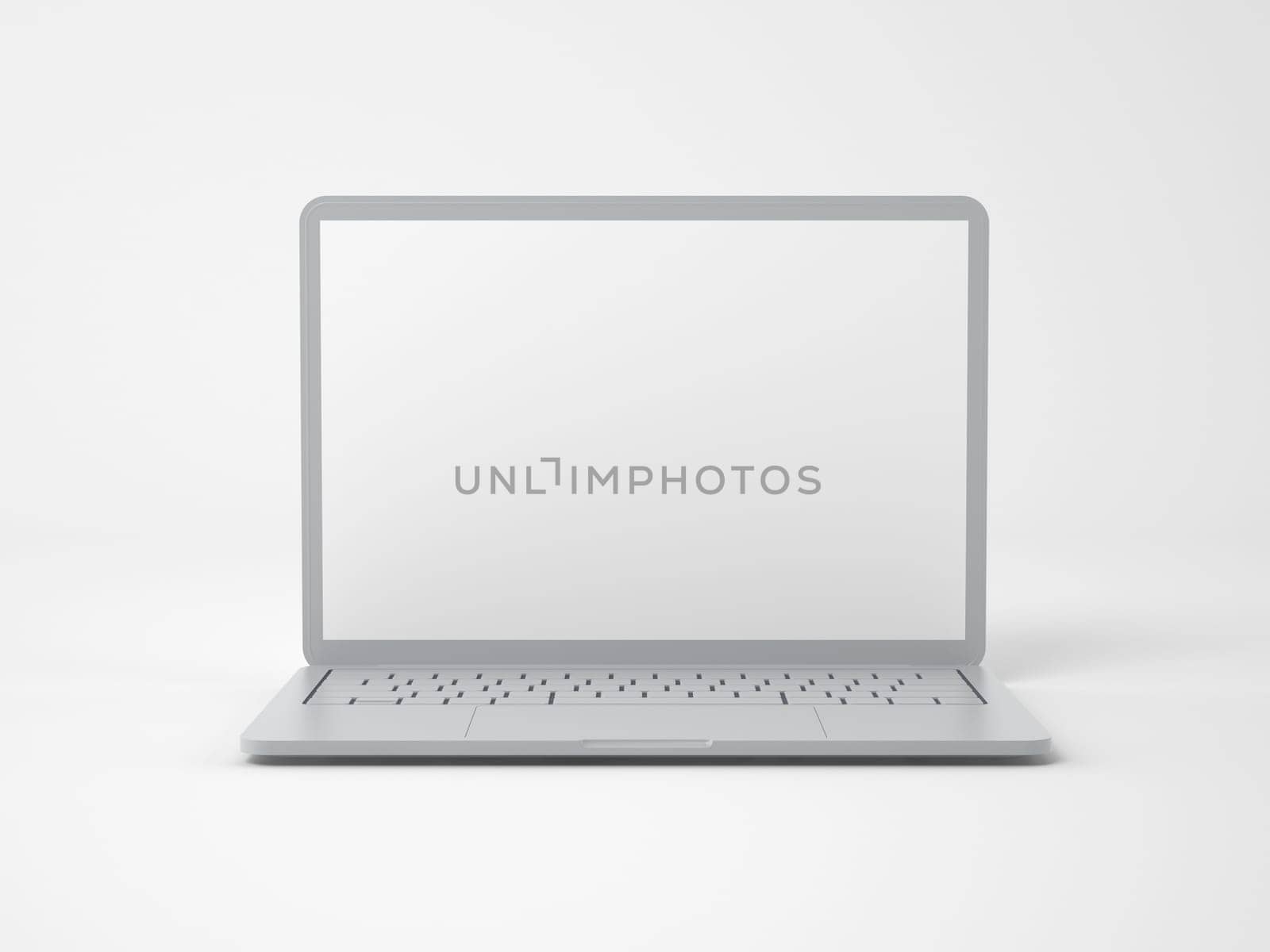 Open modern grey laptop with a blank white screen on a white background