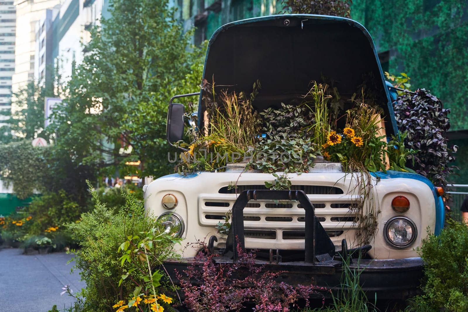 Moscow, Russia - 30.07.2022: An old blue truck filled with a variety of plants and blooms. Flower bed in Moscow, Russia. High quality photo