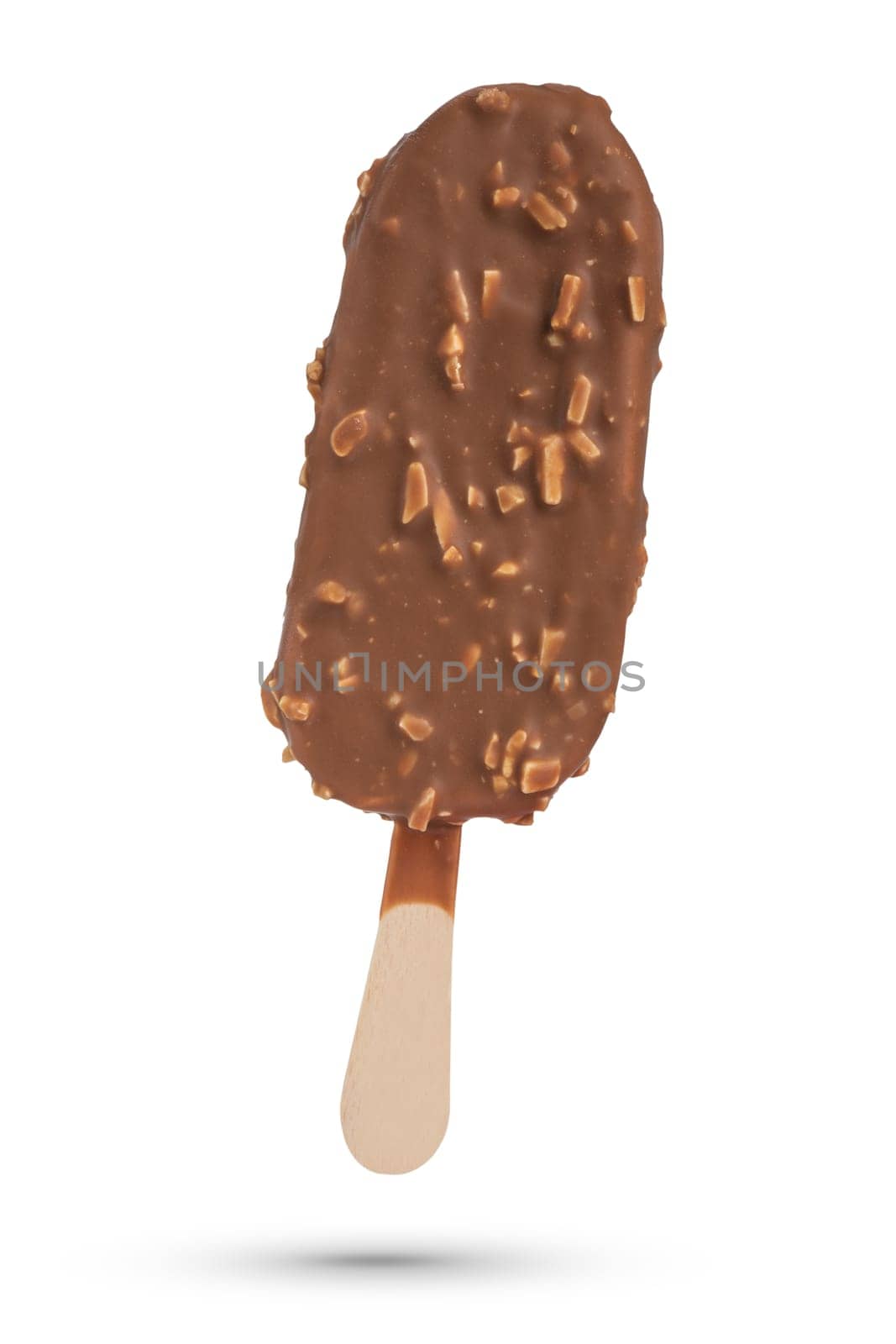 Ice cream on a stick, on a white isolated background. Ice cream covered with milk chocolate and nuts. Ice cream scoop isolate for inserting into a design or project. High quality photo