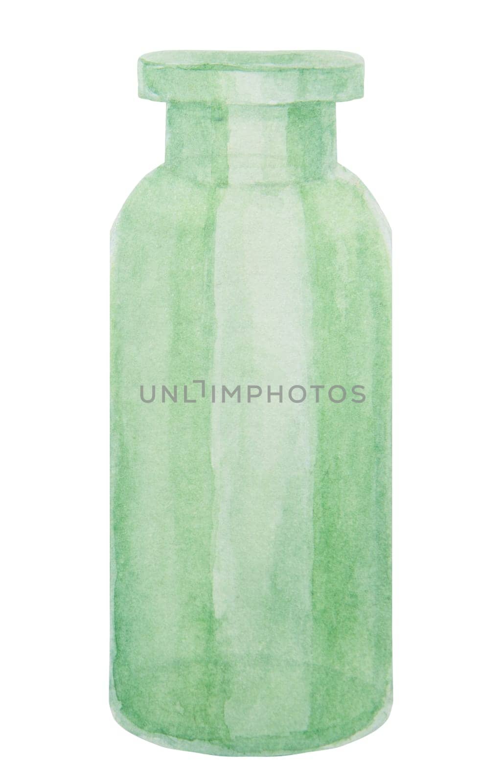 Watercolor green glass bottle. Clip art, drawing, sketch, illustration. Stylish original hand-drawn graphic. Fashion, spa, beauty, cosmetics, medicine. by florainlove_art