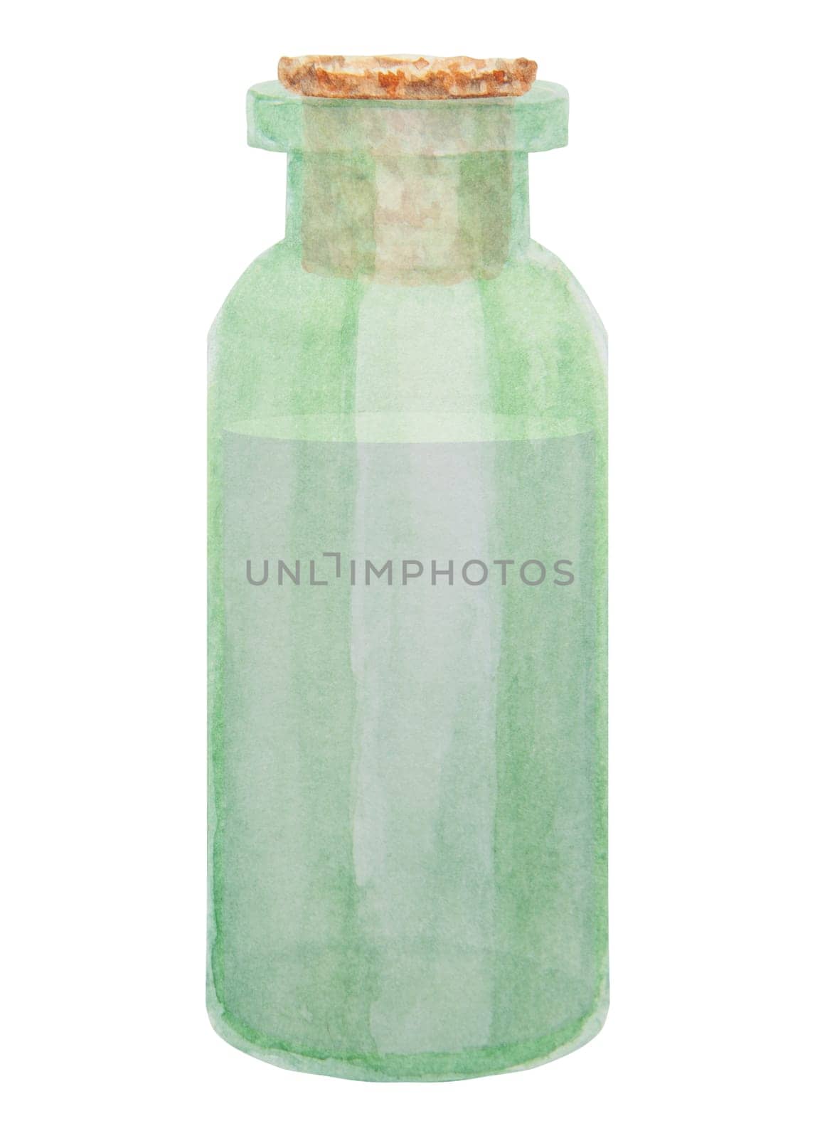 Watercolor green glass bottle with cork. Clip art, drawing, sketch, illustration. Stylish original hand-drawn graphic. Fashion, spa, beauty, cosmetics, medicine. by florainlove_art