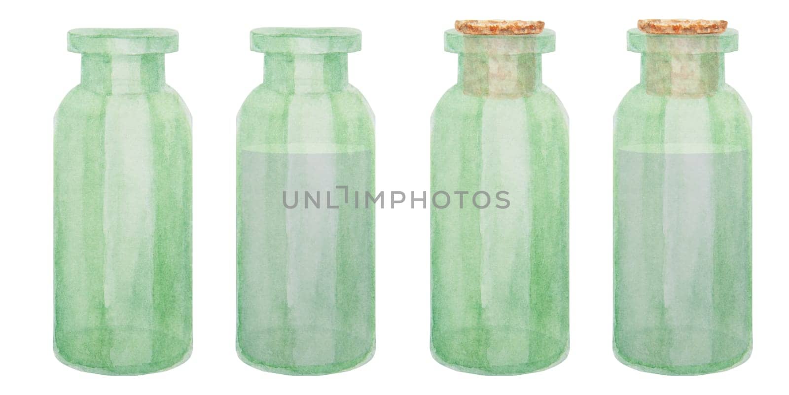 Set of watercolor green glass bottles. with cork Clip art, drawing, sketch, illustration. Stylish original hand-drawn graphic. Fashion, spa, beauty, cosmetics, medicine. by florainlove_art