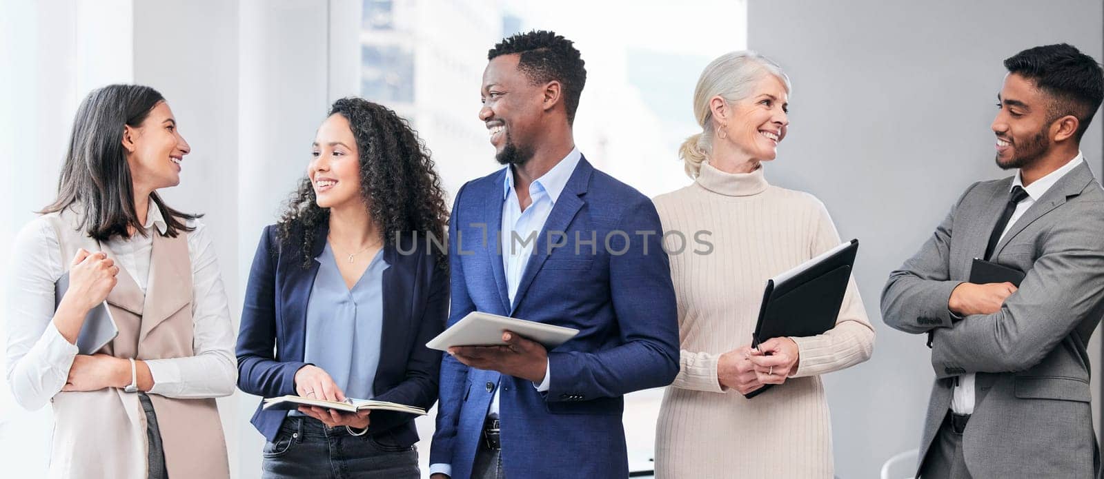 Business people, group and happy with diversity in finance agency, talk or ready for meeting. Men, women and conversation with teamwork, financial management or tech for solidarity in modern office by YuriArcurs
