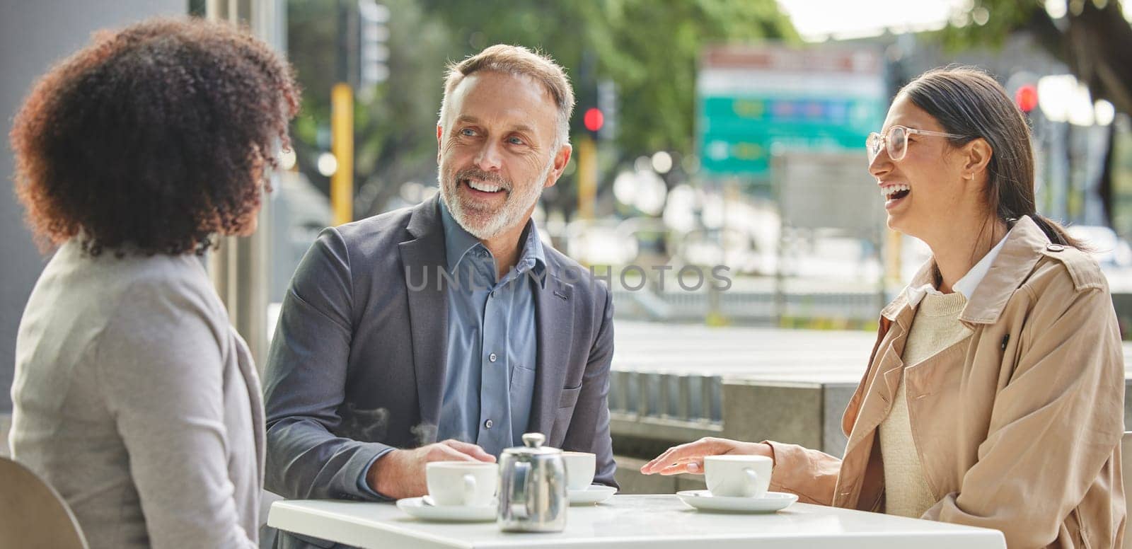 Business people, coffee shop and meeting for discussion, smile or team building for planning in morning. Businessman, women and teamwork at cafe with happiness for vision, motivation or brainstorming by YuriArcurs