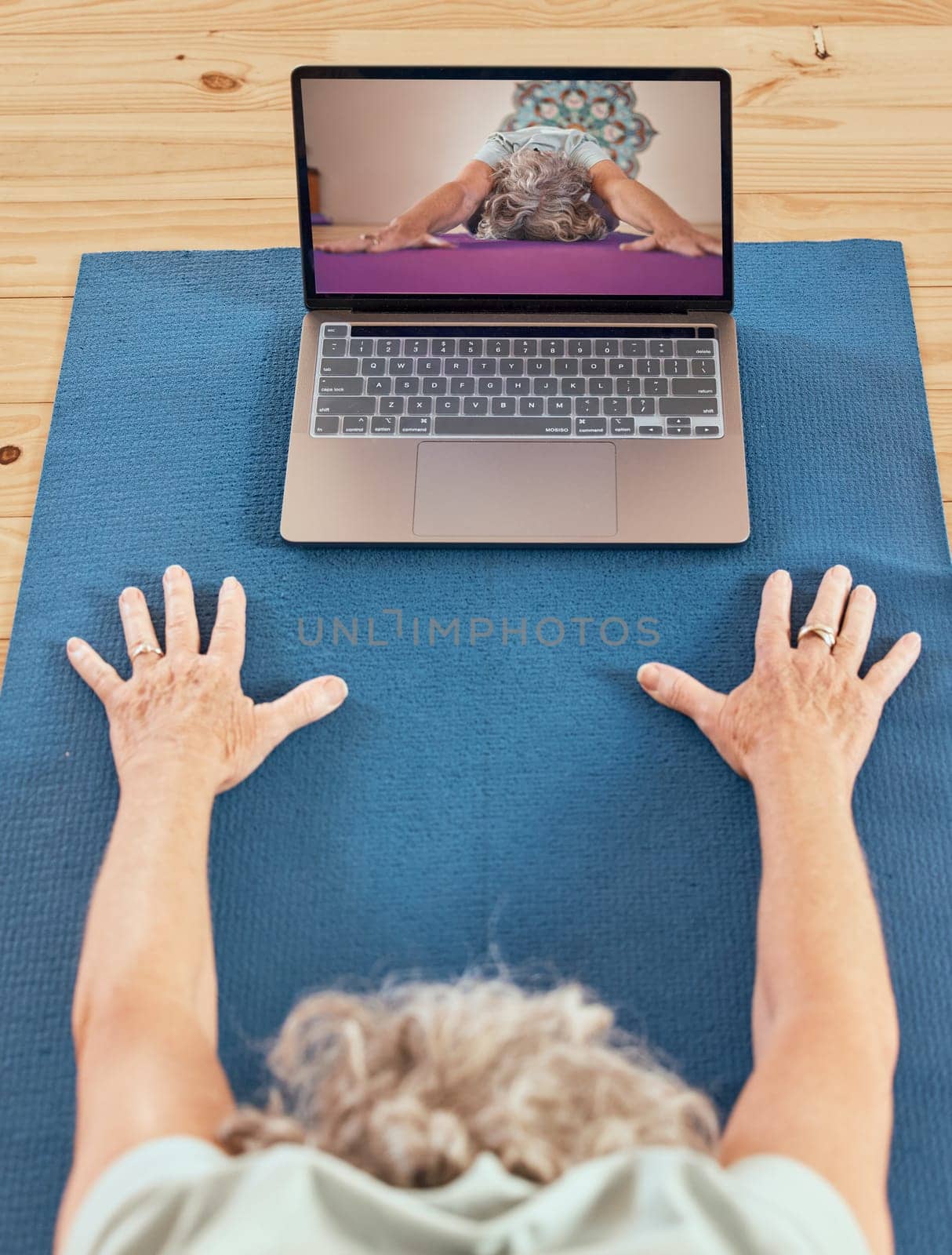 Computer, digital yoga and gym class of a woman fitness, exercise and wellness workout at home. Pilates, stretching and living room training video with technology streaming virtual health meditation by YuriArcurs