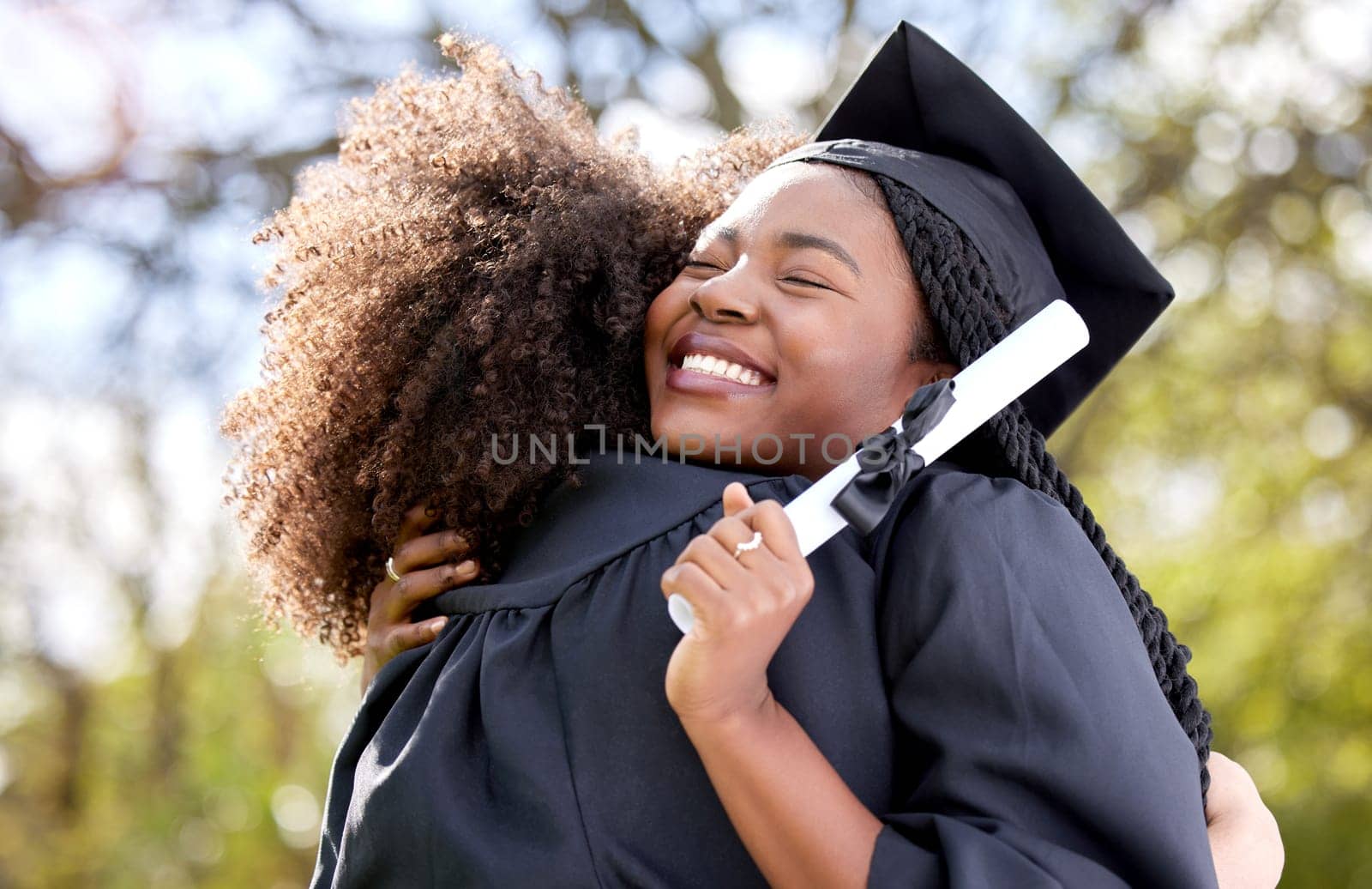 Friends hug, graduation and university with achievement and women with degree, education success and happy outdoor. Certificate, diploma and female people graduate college with happiness and embrace.