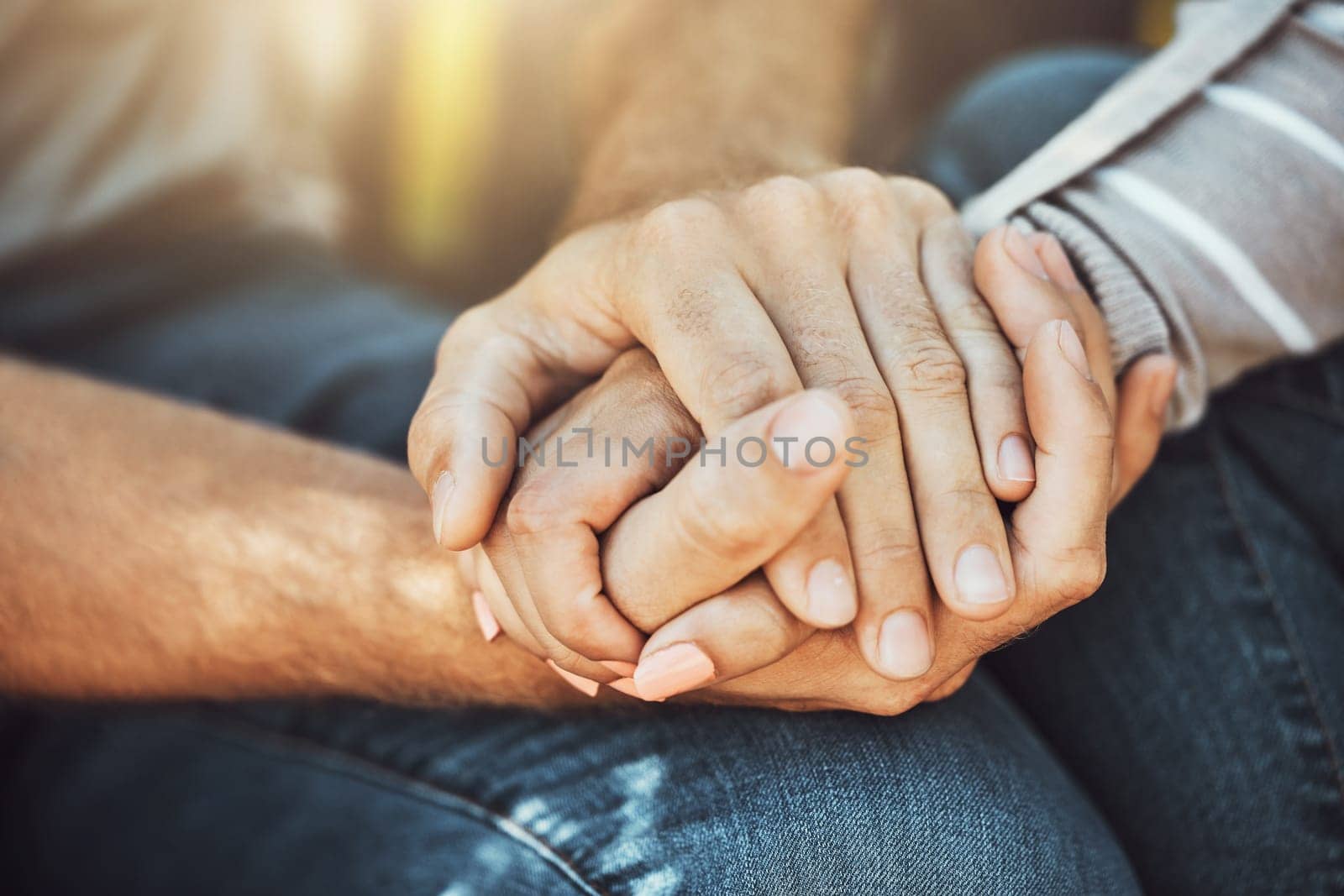 Couple, love and holding hands for support, trust and affection, romance and care. Valentines day, commitment and man and woman together for unity, union and empathy, romantic bonding or relationship by YuriArcurs
