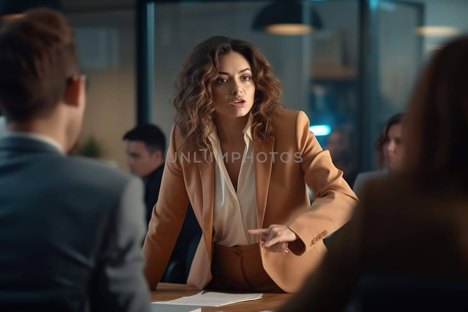 The director of the company is a woman, swears and yells at her subordinates. Generative AI. High quality illustration
