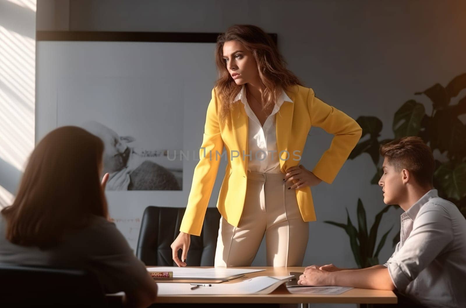 The director of the company is a woman, swears and yells at her subordinates. Generative AI. High quality illustration