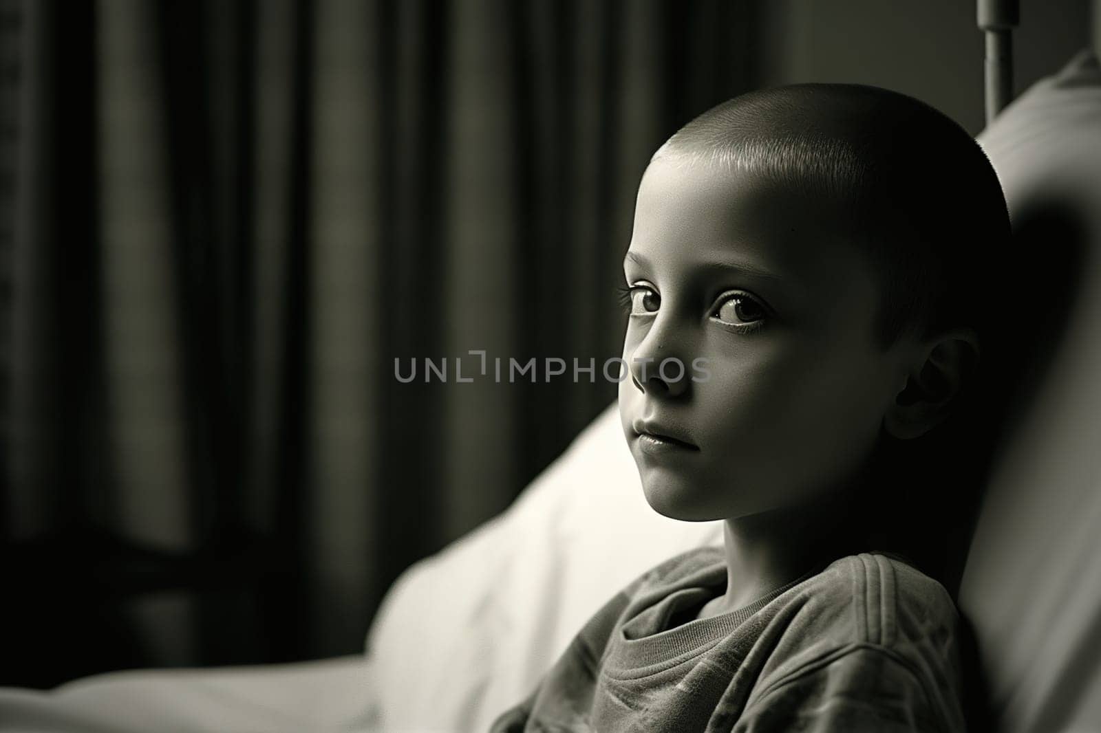 Portrait of a child with cancer in the clinic, a girl with lyukemia. Generative AI. High quality illustration