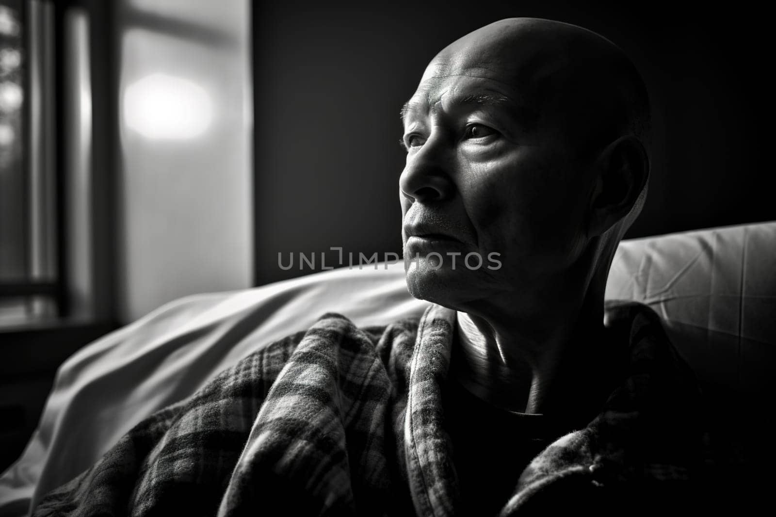 Portrait of a male cancer patient in the clinic, a man with leukemia. Generative AI. High quality illustration