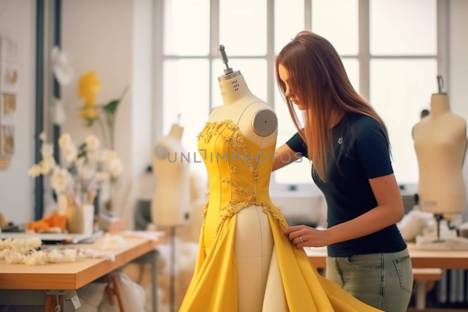 Fashion designer girl creates a new dress on a mannequin. Generative AI by Yurich32