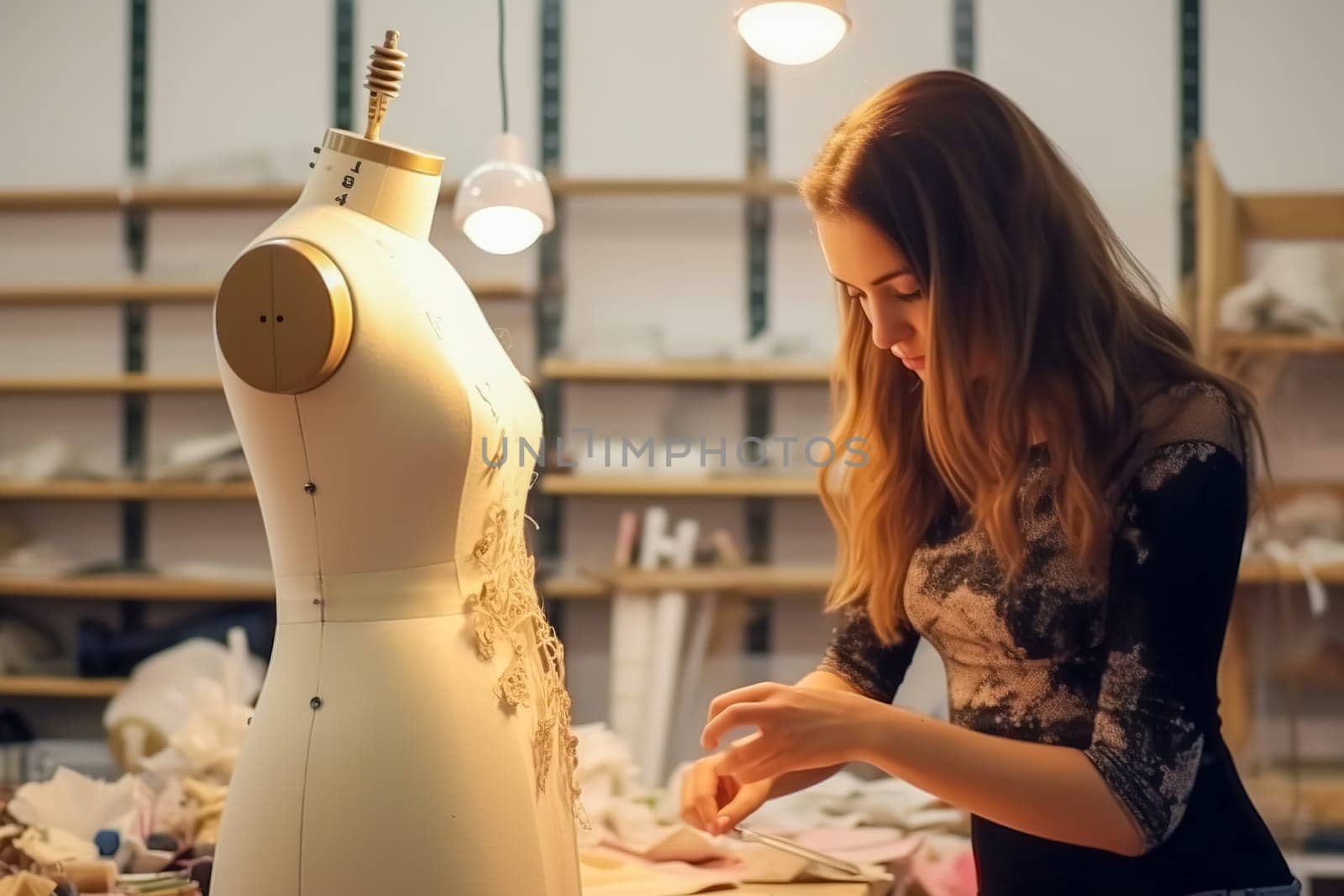 Fashion designer girl creates a new dress on a mannequin. Generative AI by Yurich32