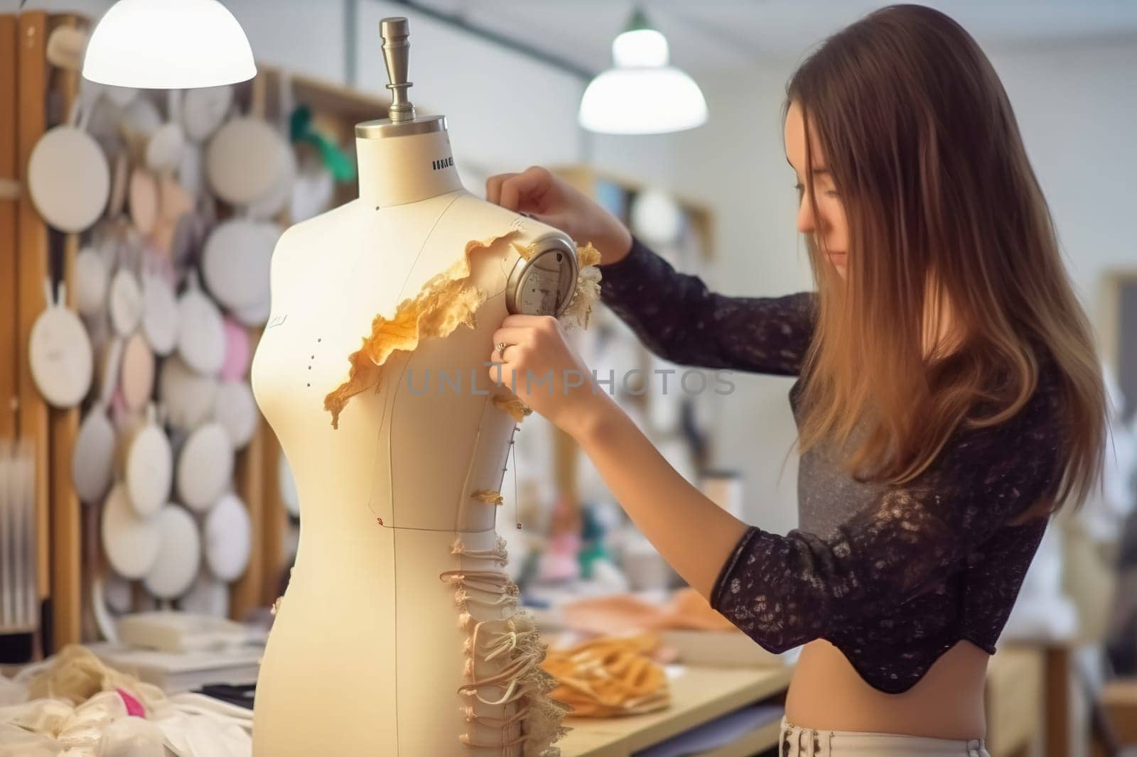 Fashion designer girl creates a new dress on a mannequin. Generative AI by Yurich32