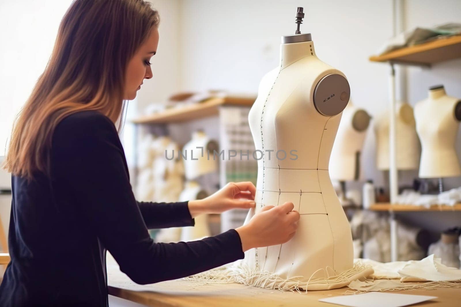 Fashion designer girl creates a new dress on a mannequin. Generative AI. High quality illustration