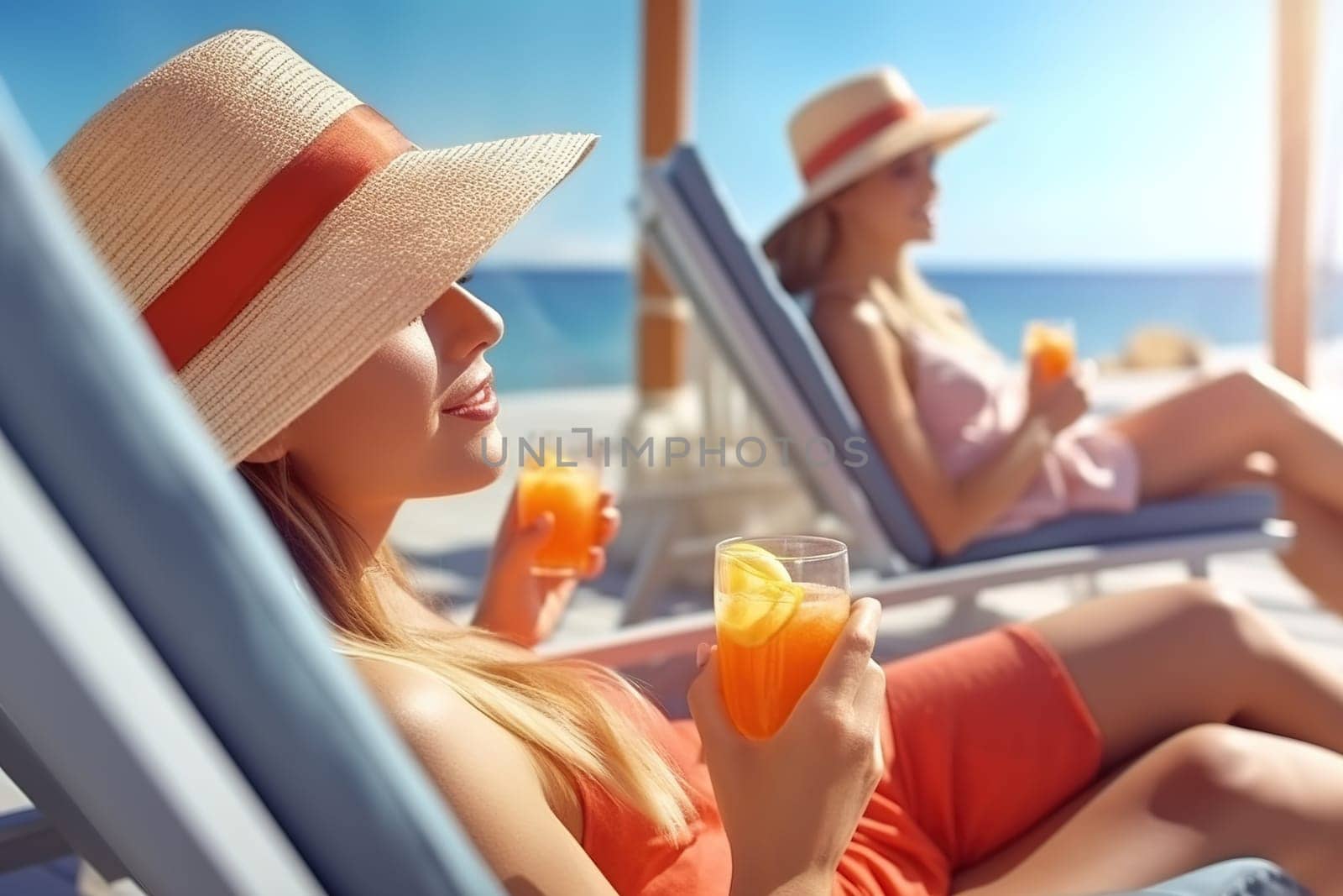 Girls on the beach drink juice and have fun. Generative AI. High quality illustration