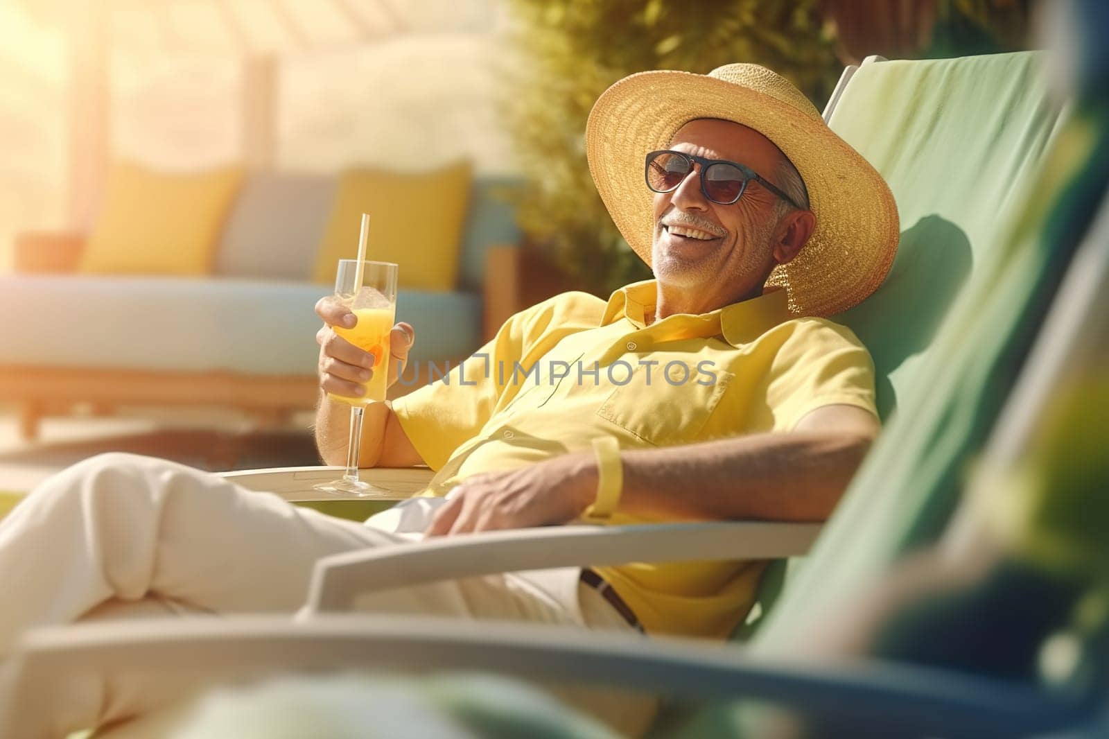 An adult man sits in a chair by the beach and drinks a cocktail. Generative AI. High quality illustration