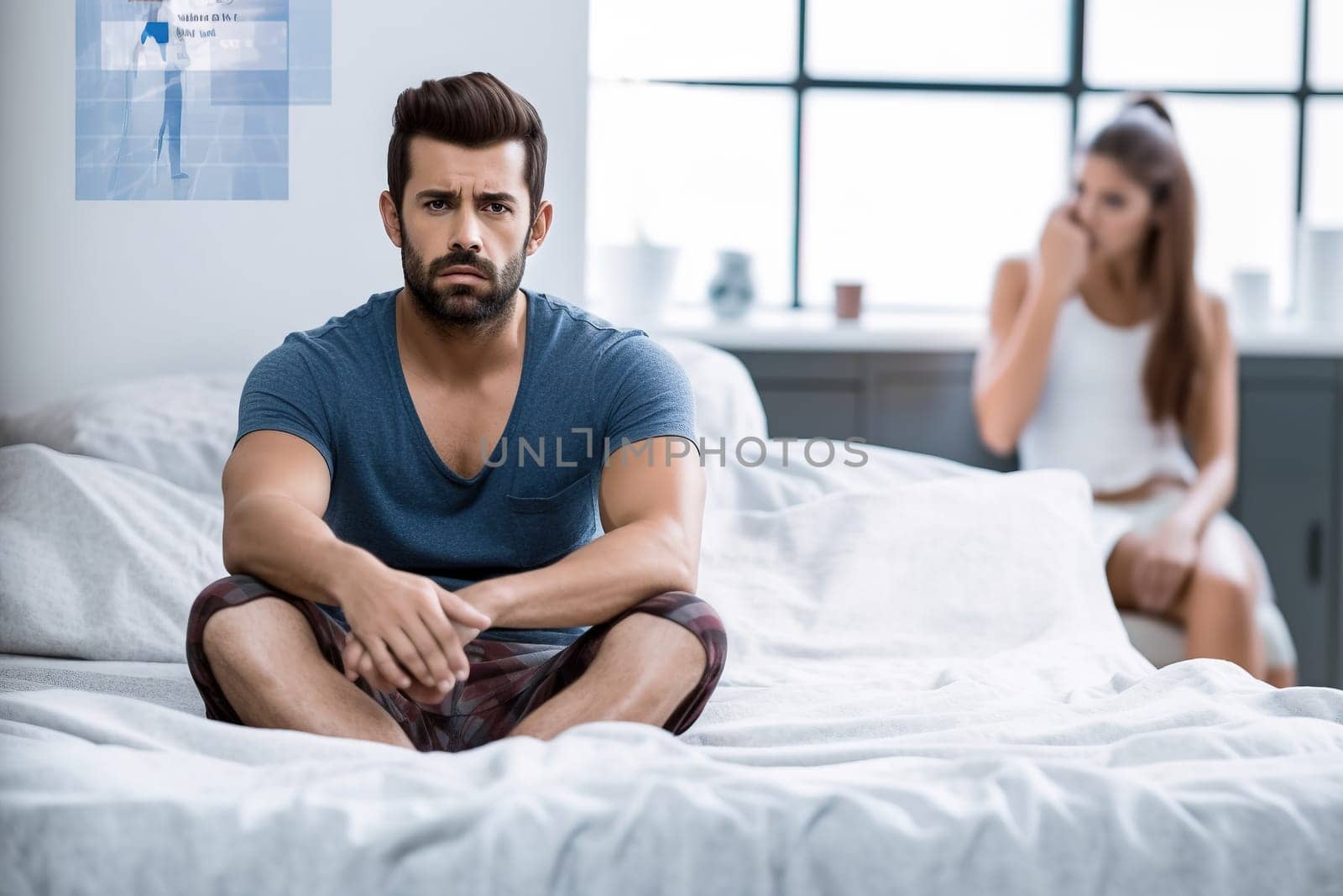 Upset man having problems in bed. Generative AI. High quality illustration
