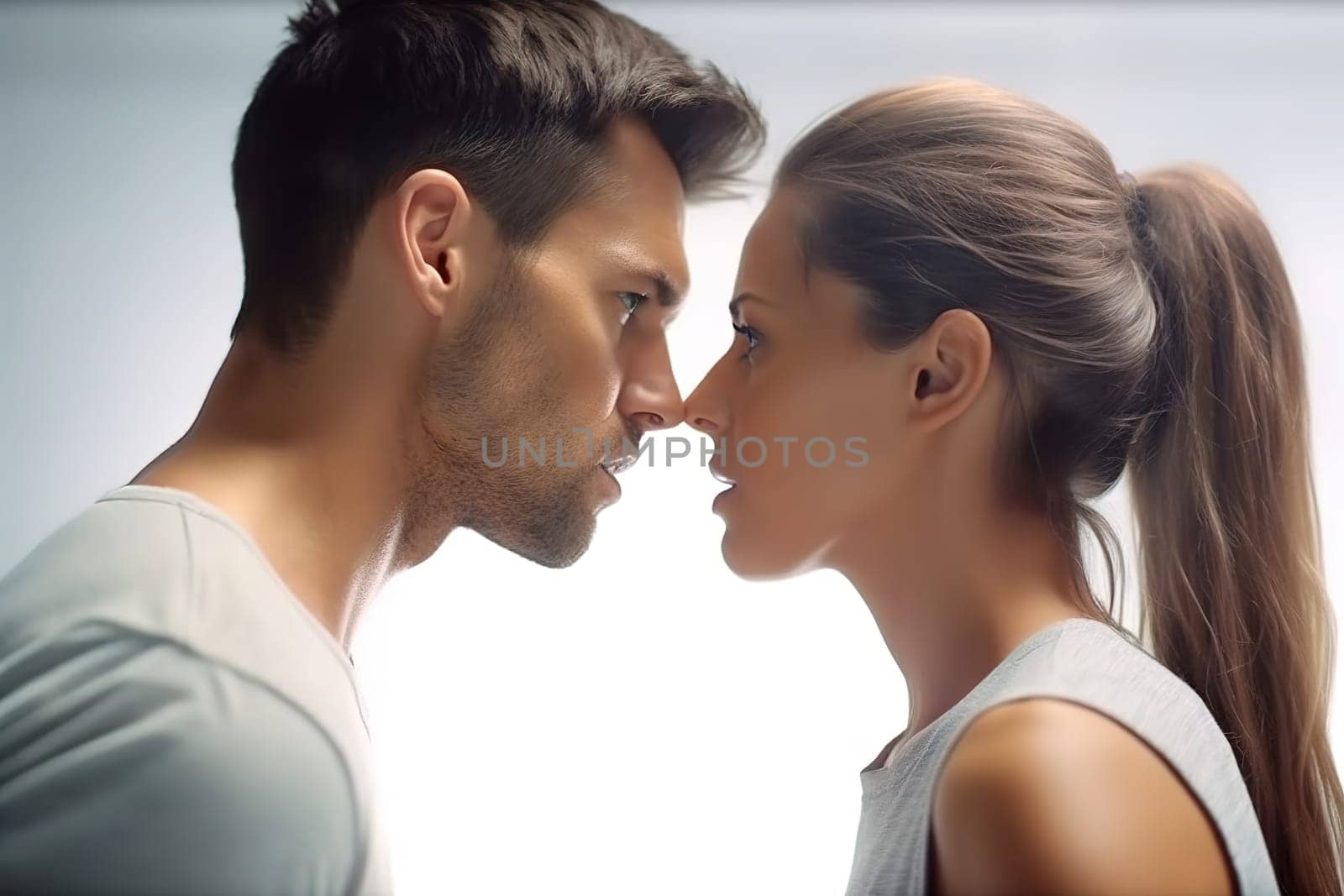 A couple in love calms down, look at each other. Generative AI by Yurich32