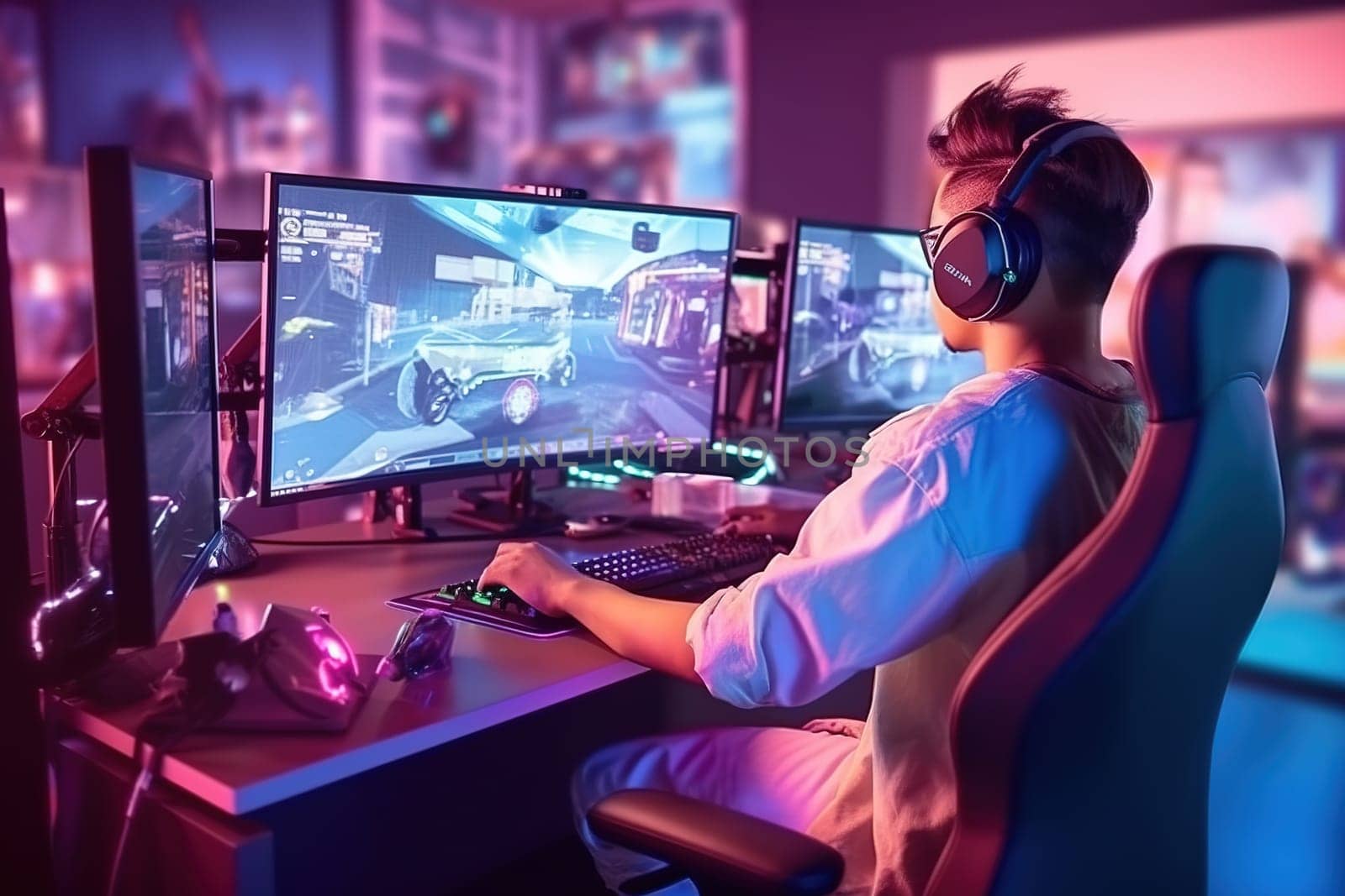 The guy plays a game on the computer in headphones. Generative AI. High quality illustration