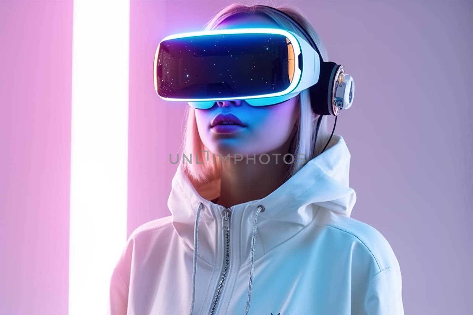 The girl in virtual glasses learns the virtual world. Generative AI by Yurich32