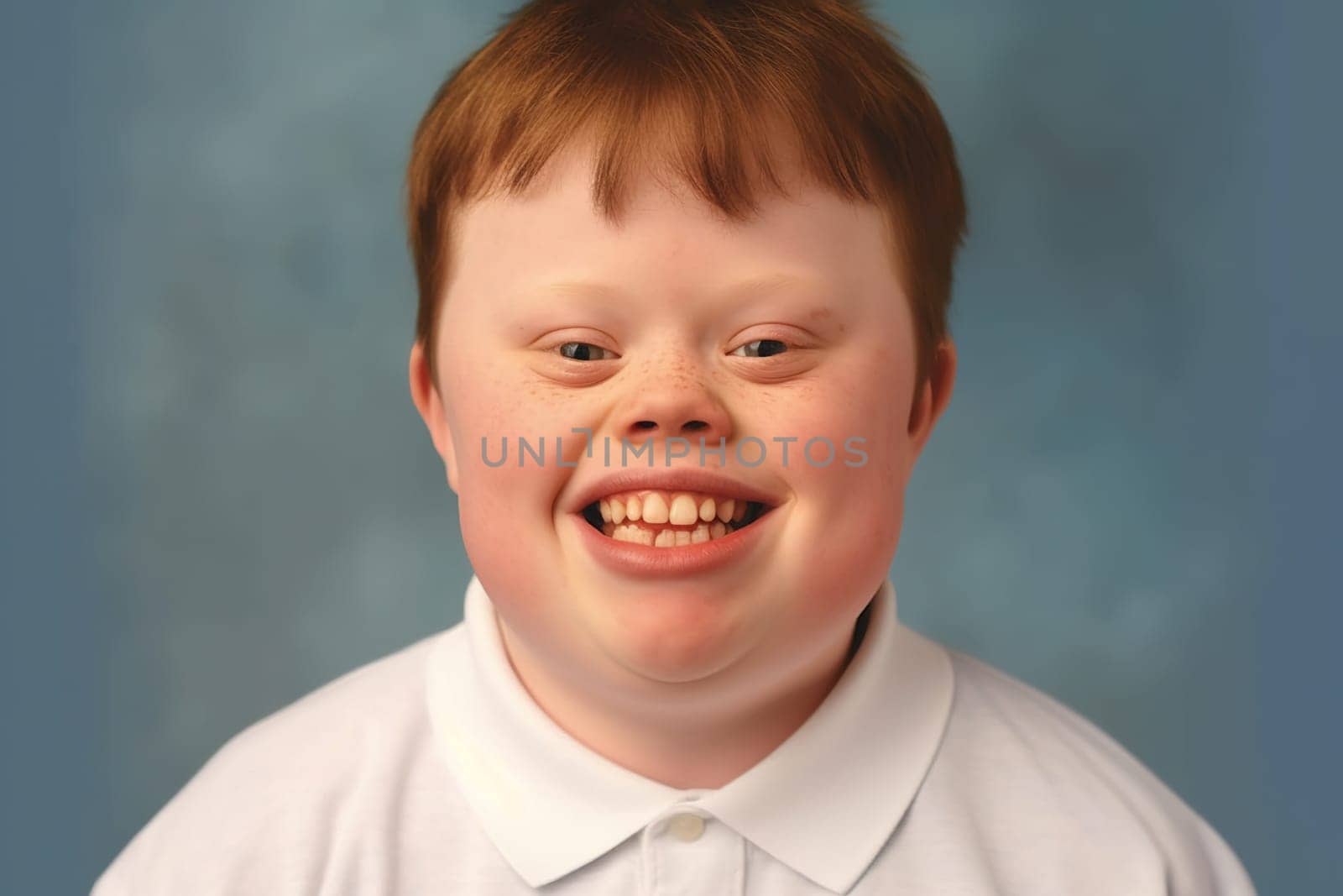 Portrait of a smiling child with Down syndrome. Generative AI. High quality illustration