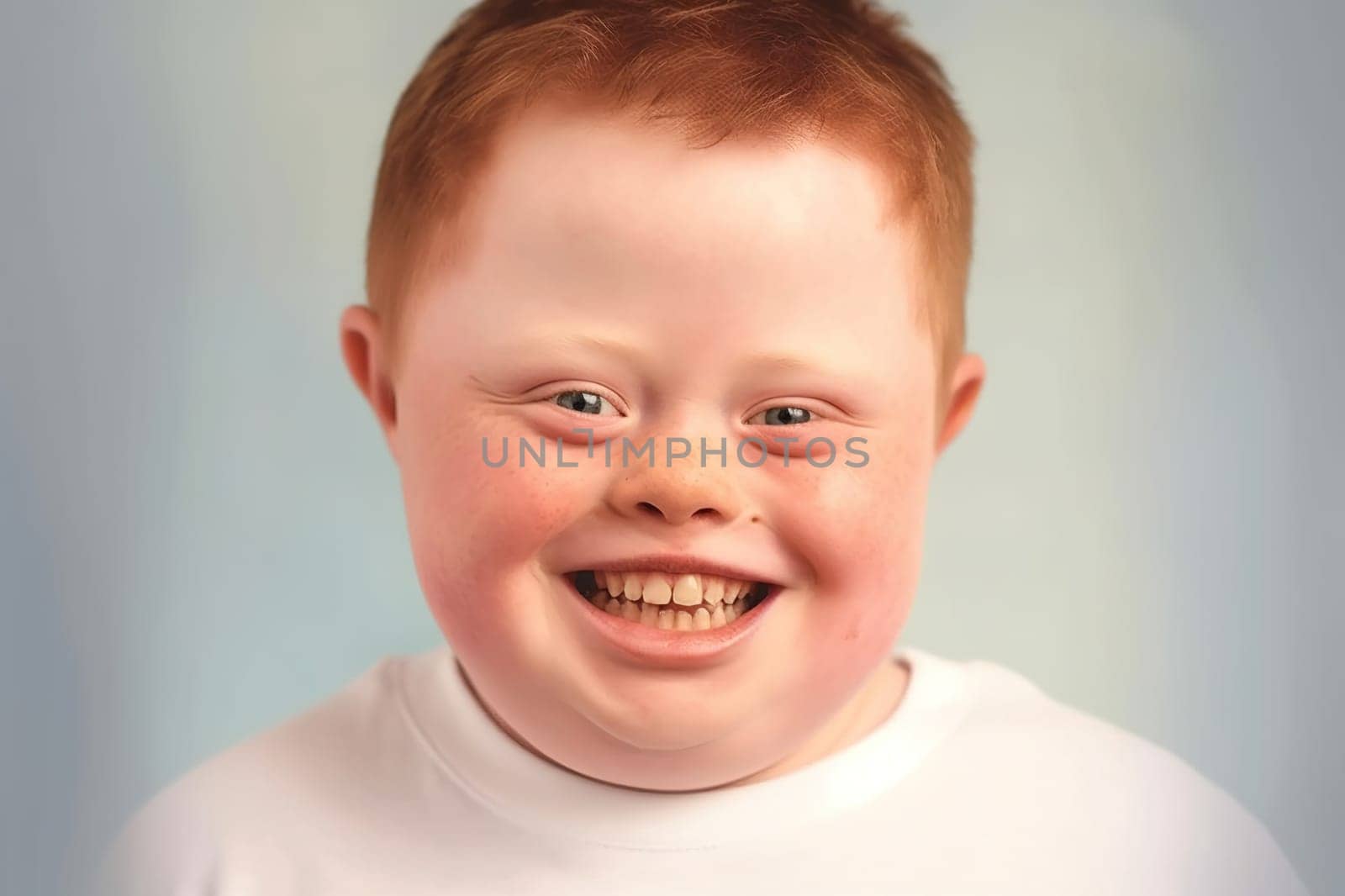 Portrait of a smiling child with Down syndrome. Generative AI. High quality illustration