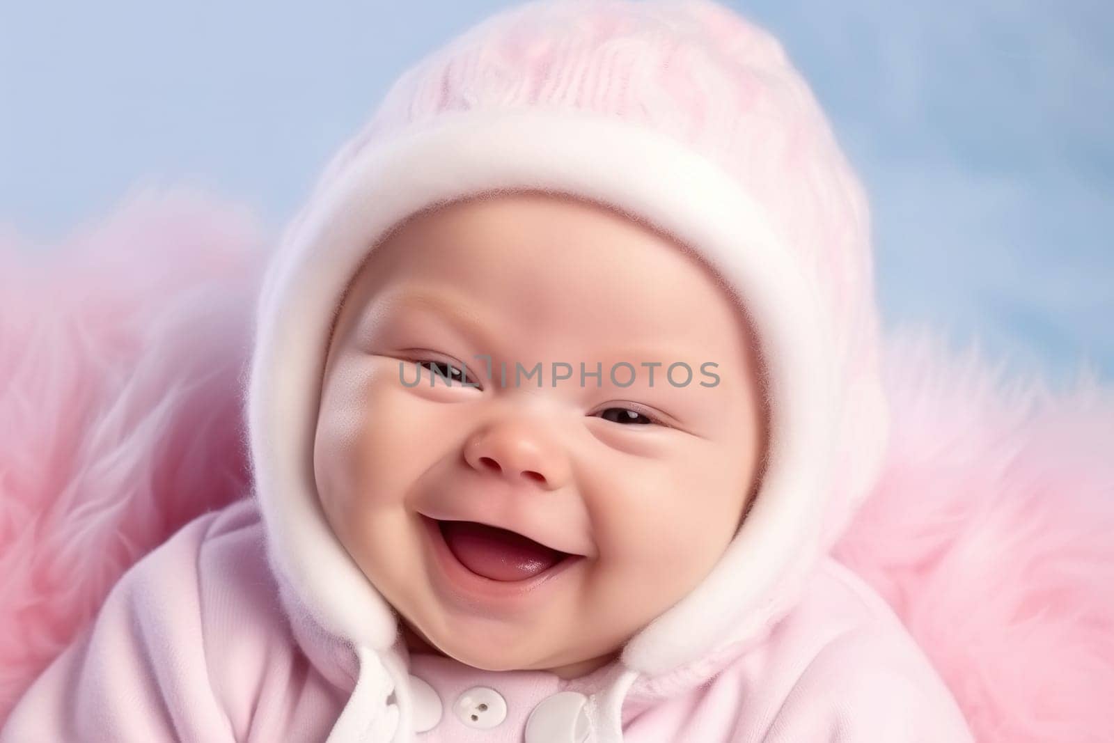 Portrait of a cheerful, laughing kid in a hat. Generative AI. High quality illustration