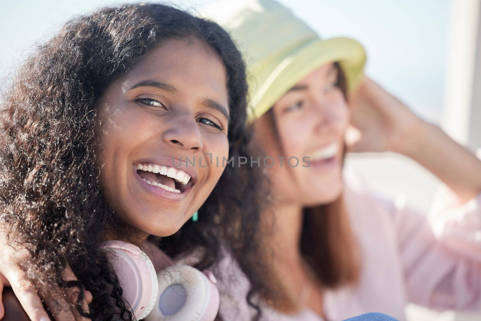 Happy, selfie and friends relax outdoors for bonding, chilling and having fun on blurred background. Face, women and smile for profile picture, photo or blog by social media influencer in outside.