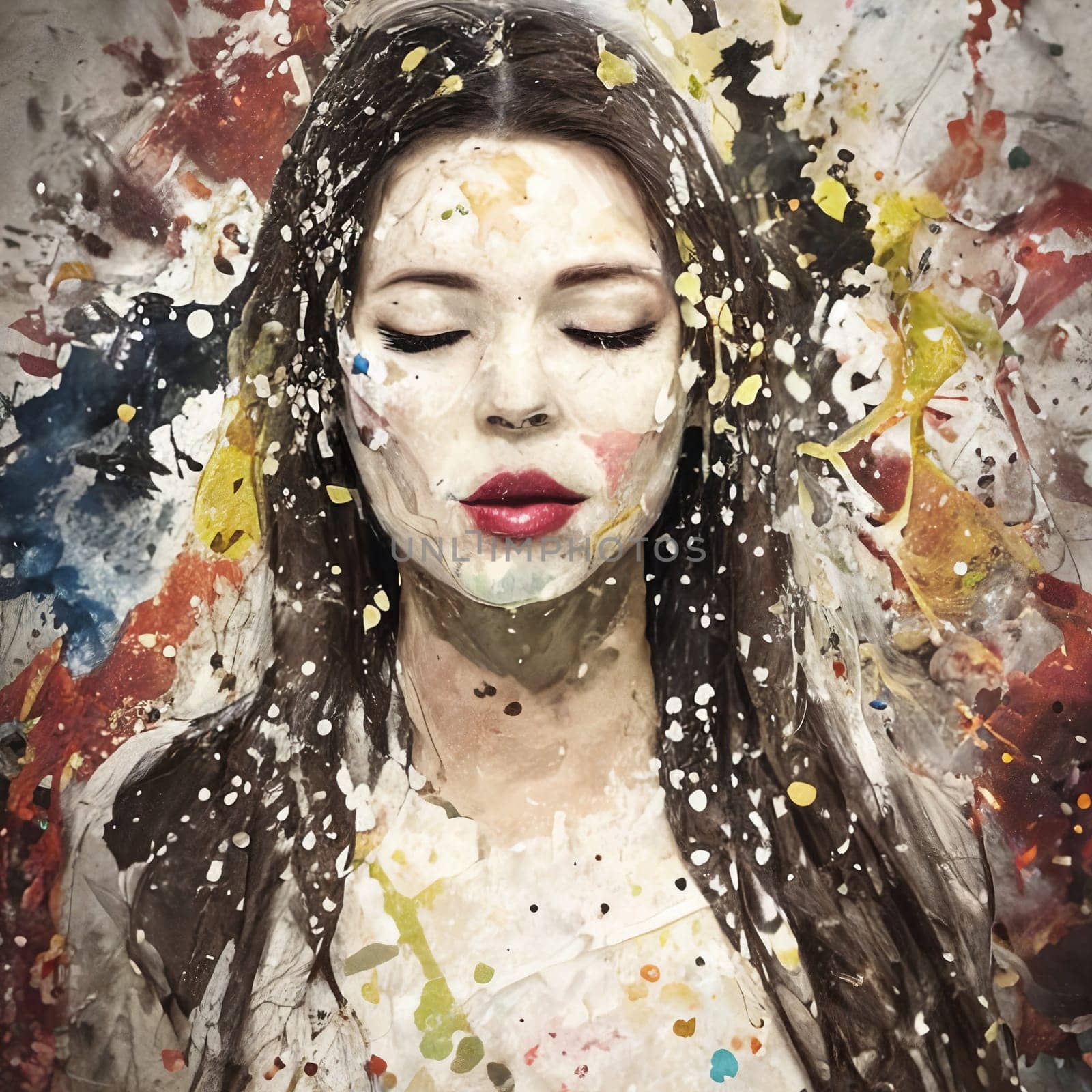 Woman portrait with closed eyes made of paint splashes. . AI Generative