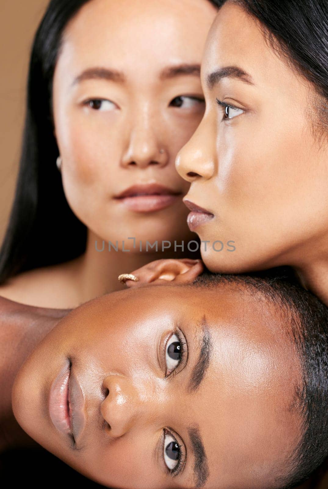 Diversity, skincare portrait and woman support for cosmetics dermatology, facial wellness and care in brown background studio. Women inclusion, model face and luxury spa glow or organic treatment.