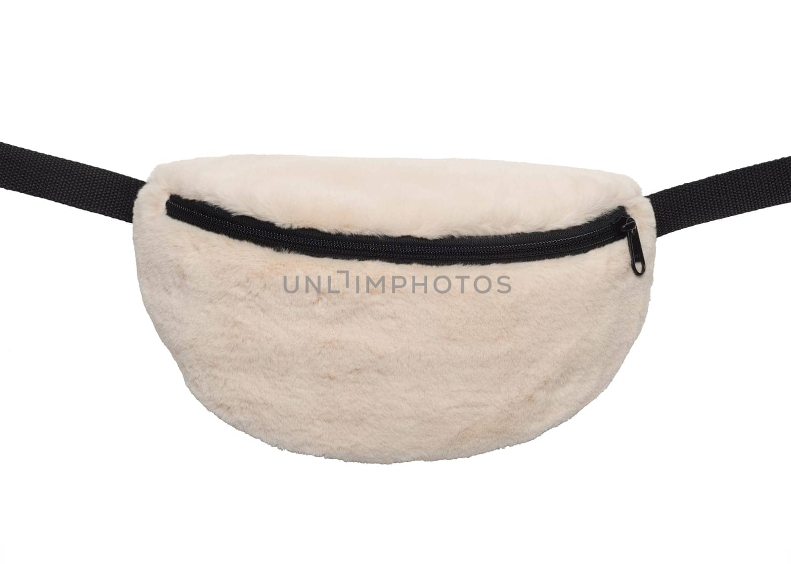 Beige belt bag on a white background. Close-up