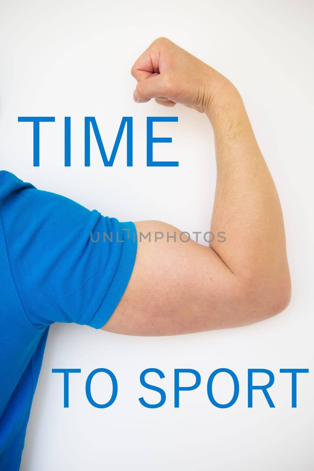 Close up of a handsome male hand showing biceps on a white background. Health and sport concept. Close-up lettering time for sports.